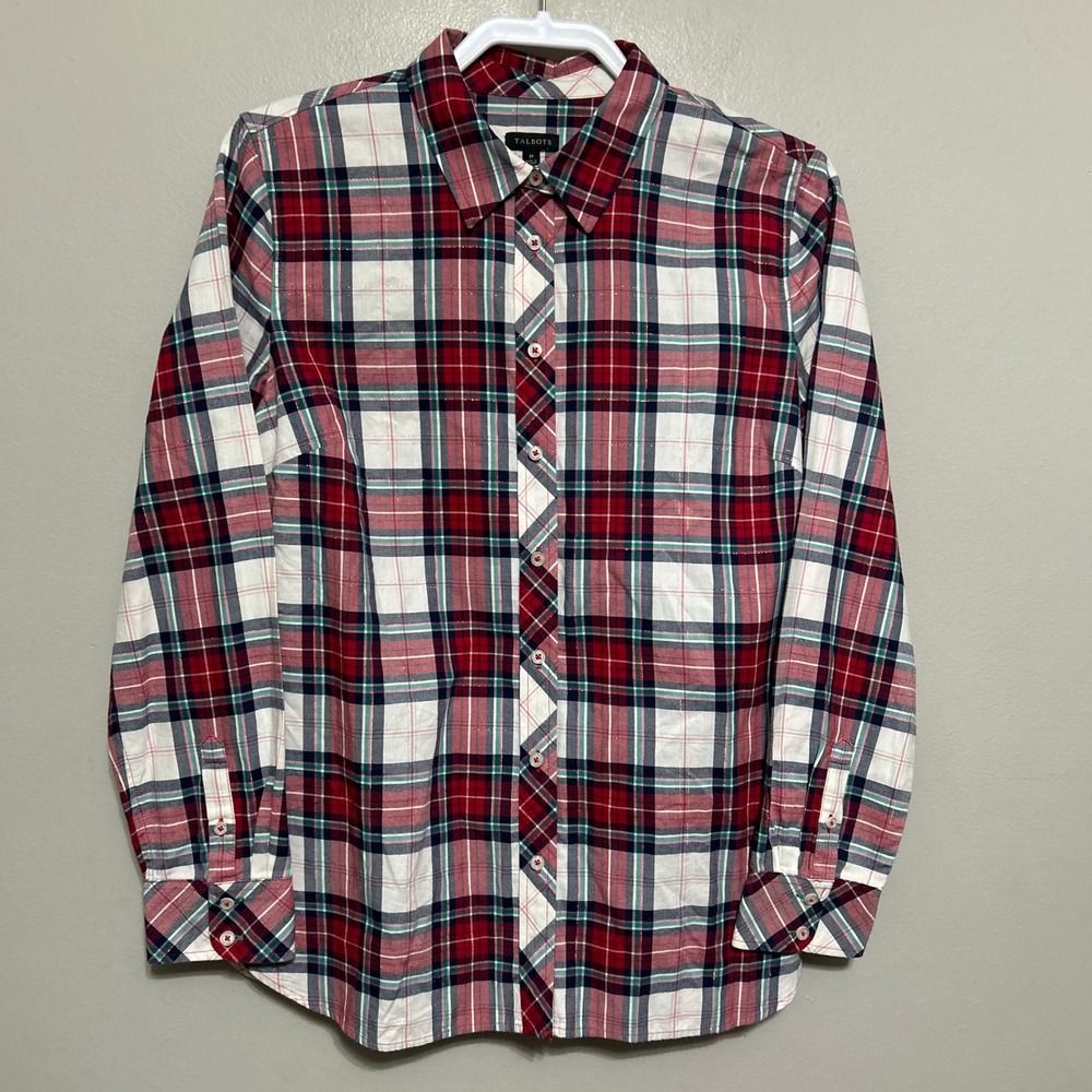 Talbots Button Down Shirt M Plaid Red Metallic Lurex Sparkle Preppy Classic Chic